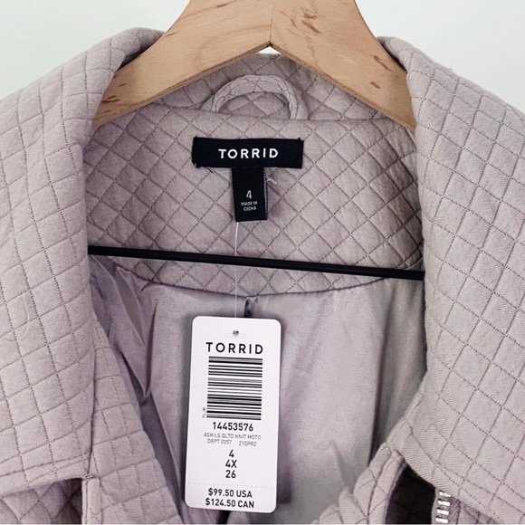 Torrid Plus Size Pebble Grey Quilted Zip Up Moto Jacket - Picture 2 of 3